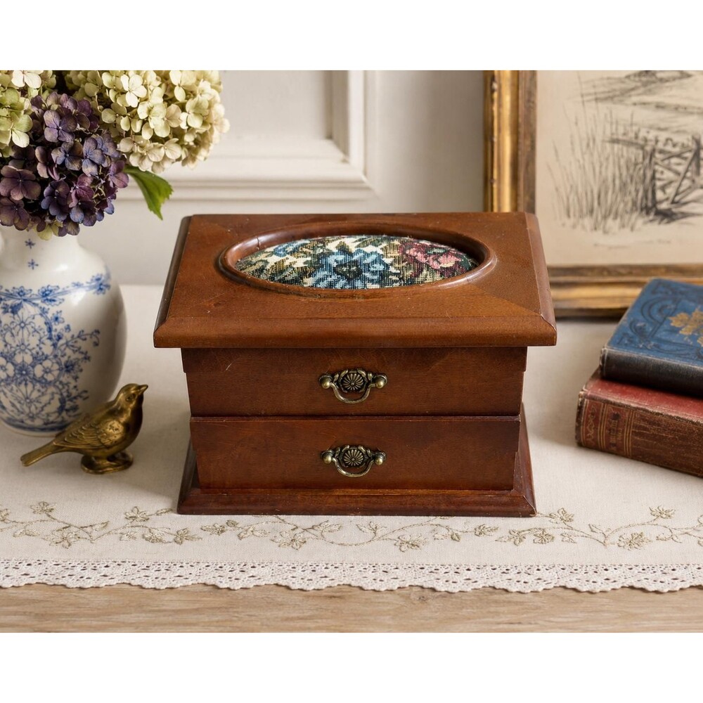 Vintage Wooden Jewelry Box with Mirror, Felt Lining & Floral Tapestry Inlay